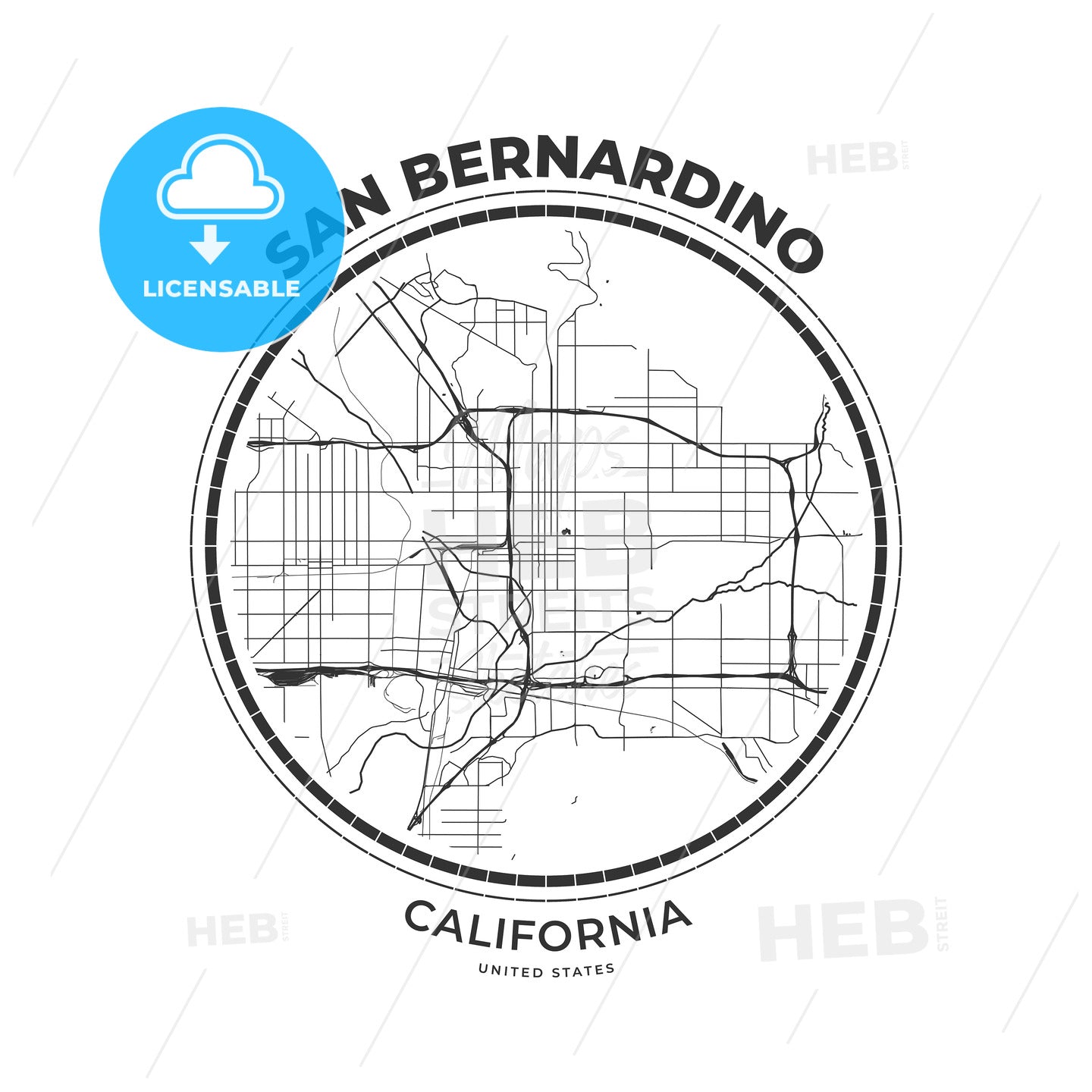 T-shirt map badge of San Bernardino, California - HEBSTREITS