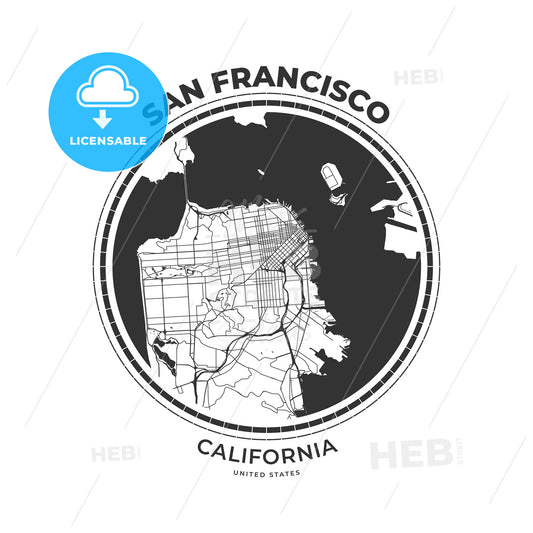 T-shirt map badge of San Francisco, California - HEBSTREITS