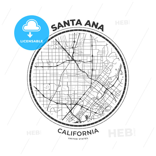 T-shirt map badge of Santa Ana, California - HEBSTREITS