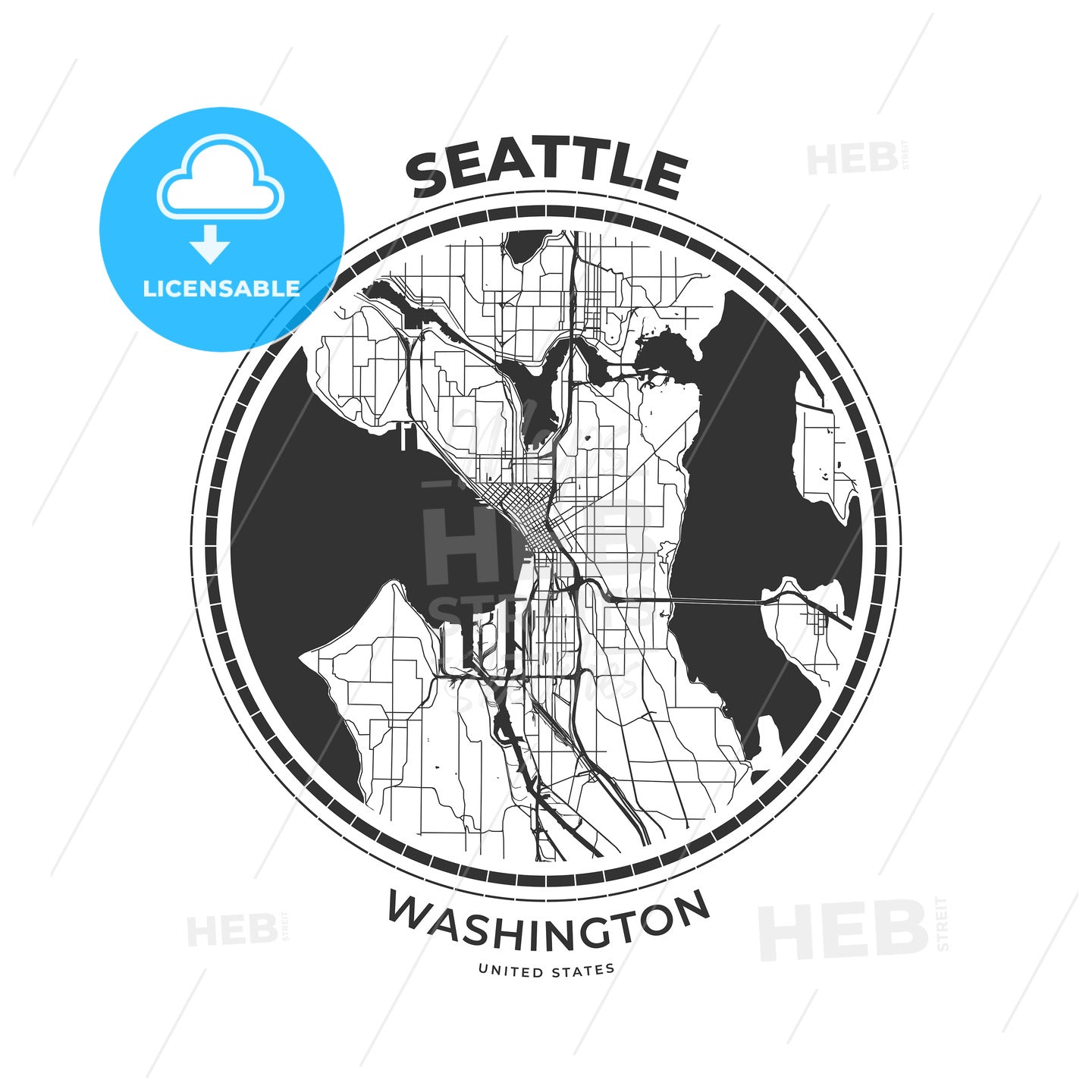 T-shirt map badge of Seattle, Washington - HEBSTREITS