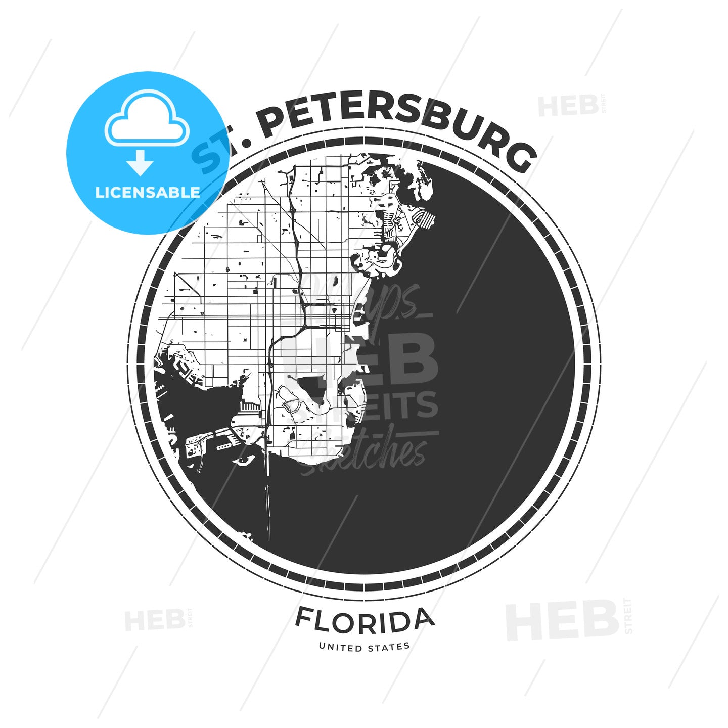 T-shirt map badge of St. Petersburg, Florida - HEBSTREITS