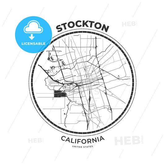 T-shirt map badge of Stockton, California - HEBSTREITS