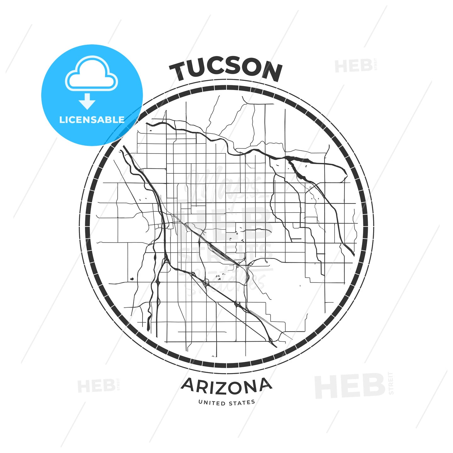 T-shirt map badge of Tucson, Arizona - HEBSTREITS