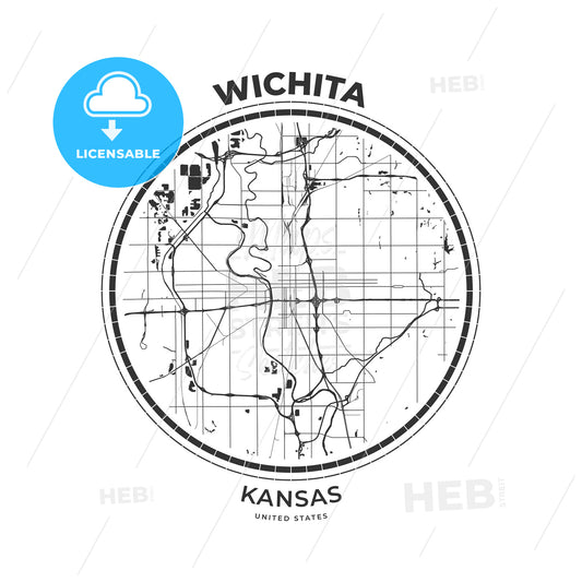T-shirt map badge of Wichita, Kansas - HEBSTREITS
