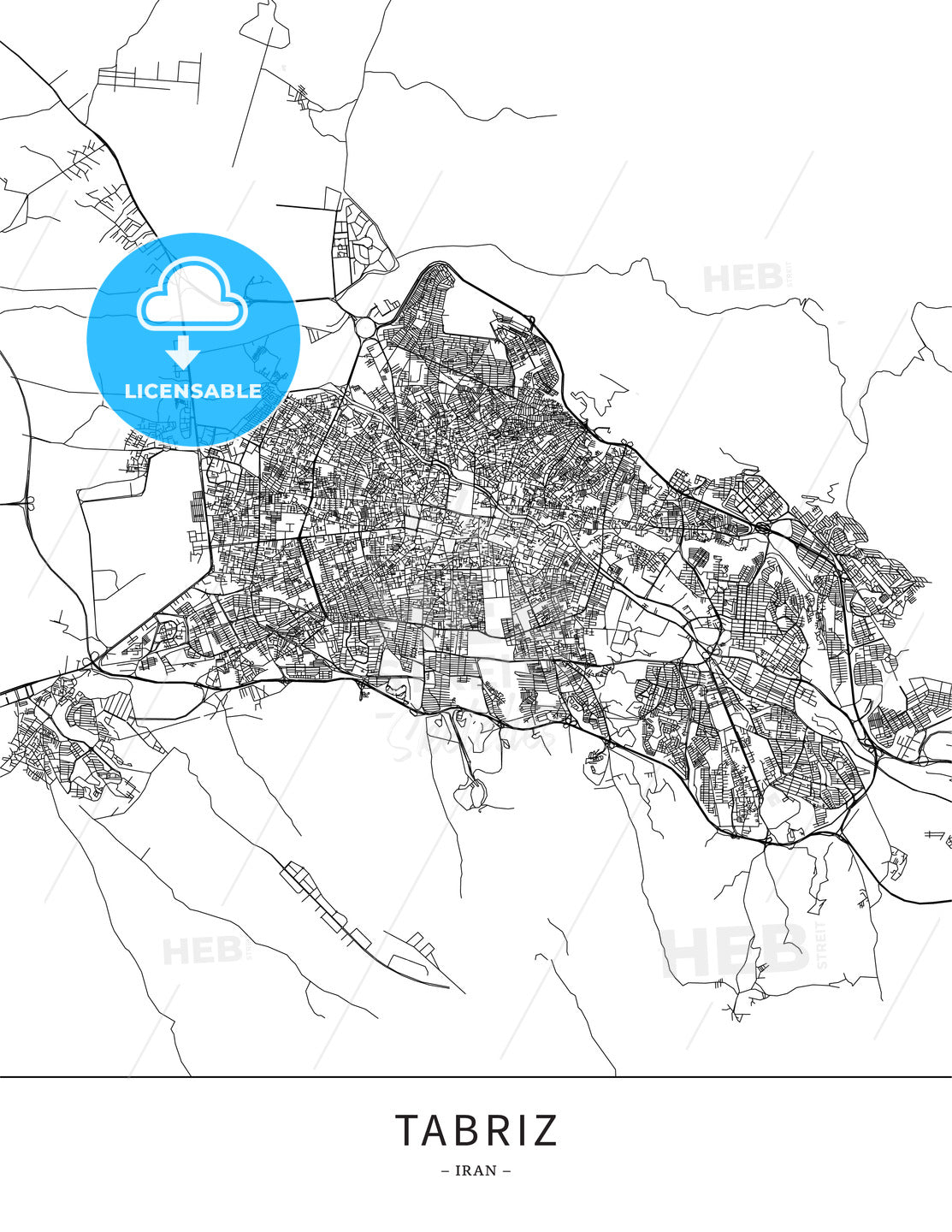 Tabriz, Iran, Map poster borderless print template - HEBSTREITS