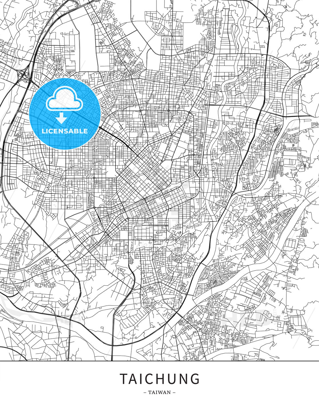 Taichung, Taiwan, Map poster borderless print template - HEBSTREITS