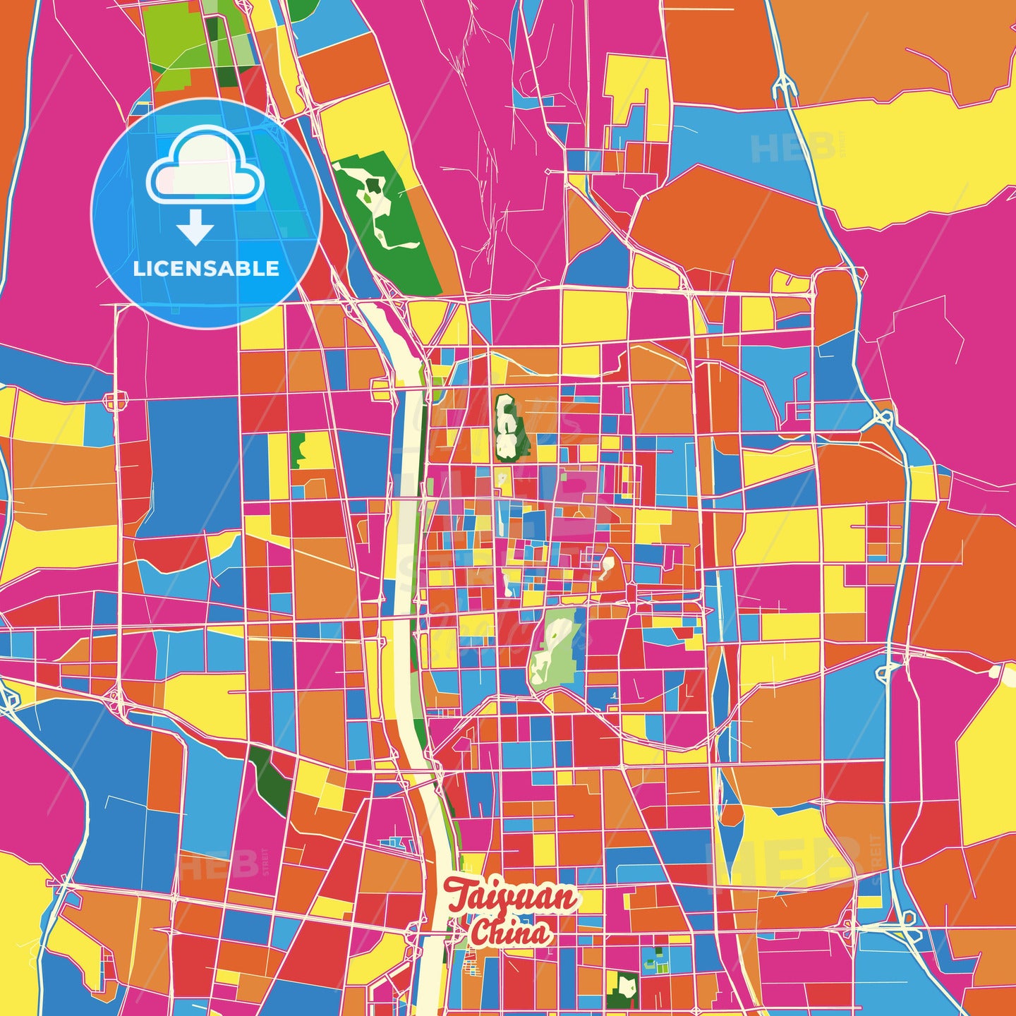 Taiyuan, China Crazy Colorful Street Map Poster Template - HEBSTREITS Sketches
