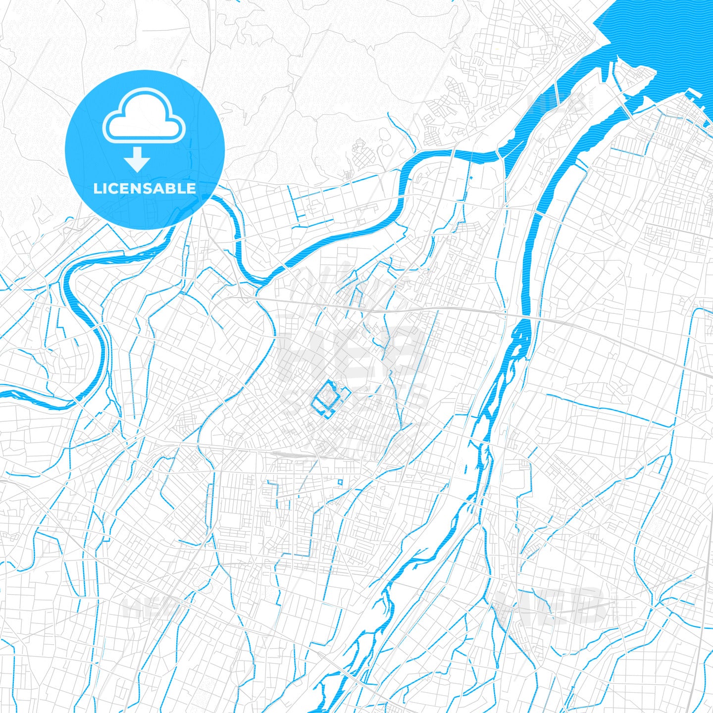 Takaoka, Japan PDF vector map with water in focus