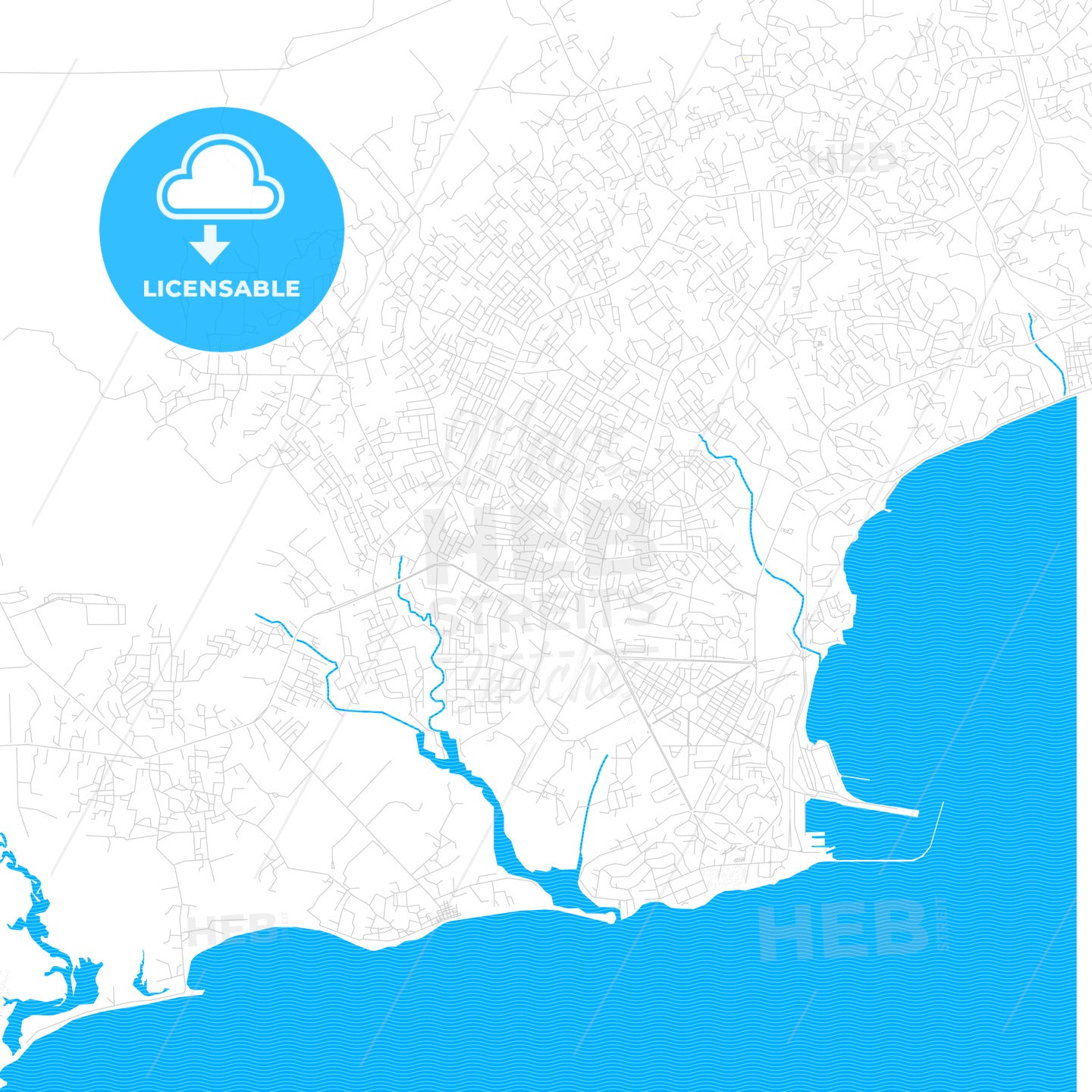 Takoradi, Ghana PDF vector map with water in focus