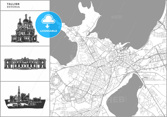 Tallinn city map with hand-drawn architecture icons