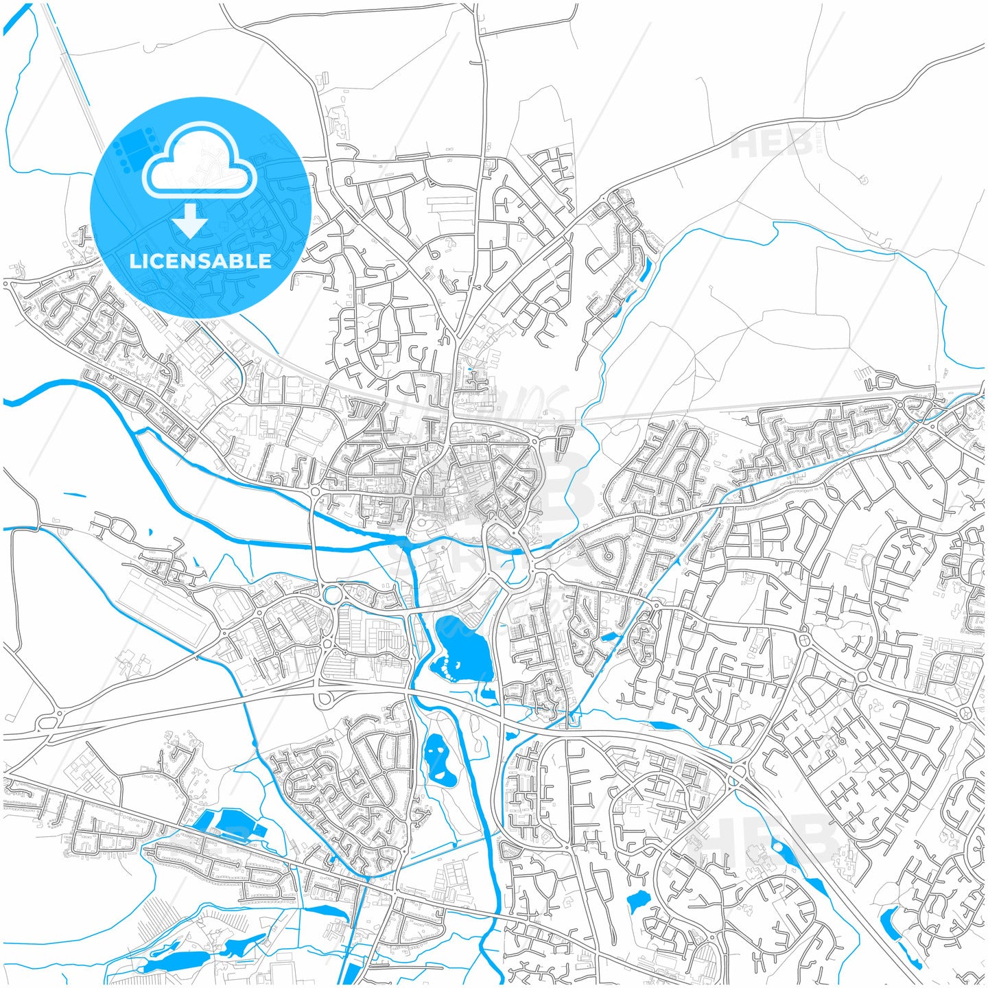 Tamworth, West Midlands, England, city map with high quality roads.