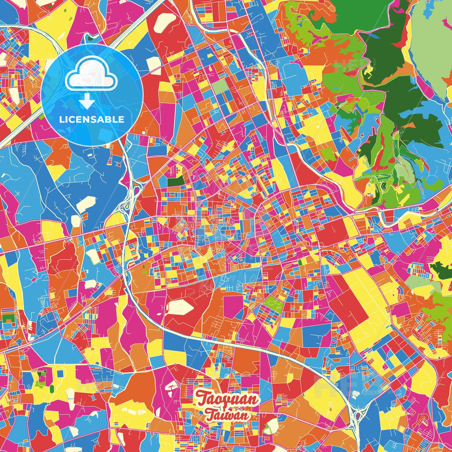 Taoyuan, Taiwan Crazy Colorful Street Map Poster Template - HEBSTREITS Sketches