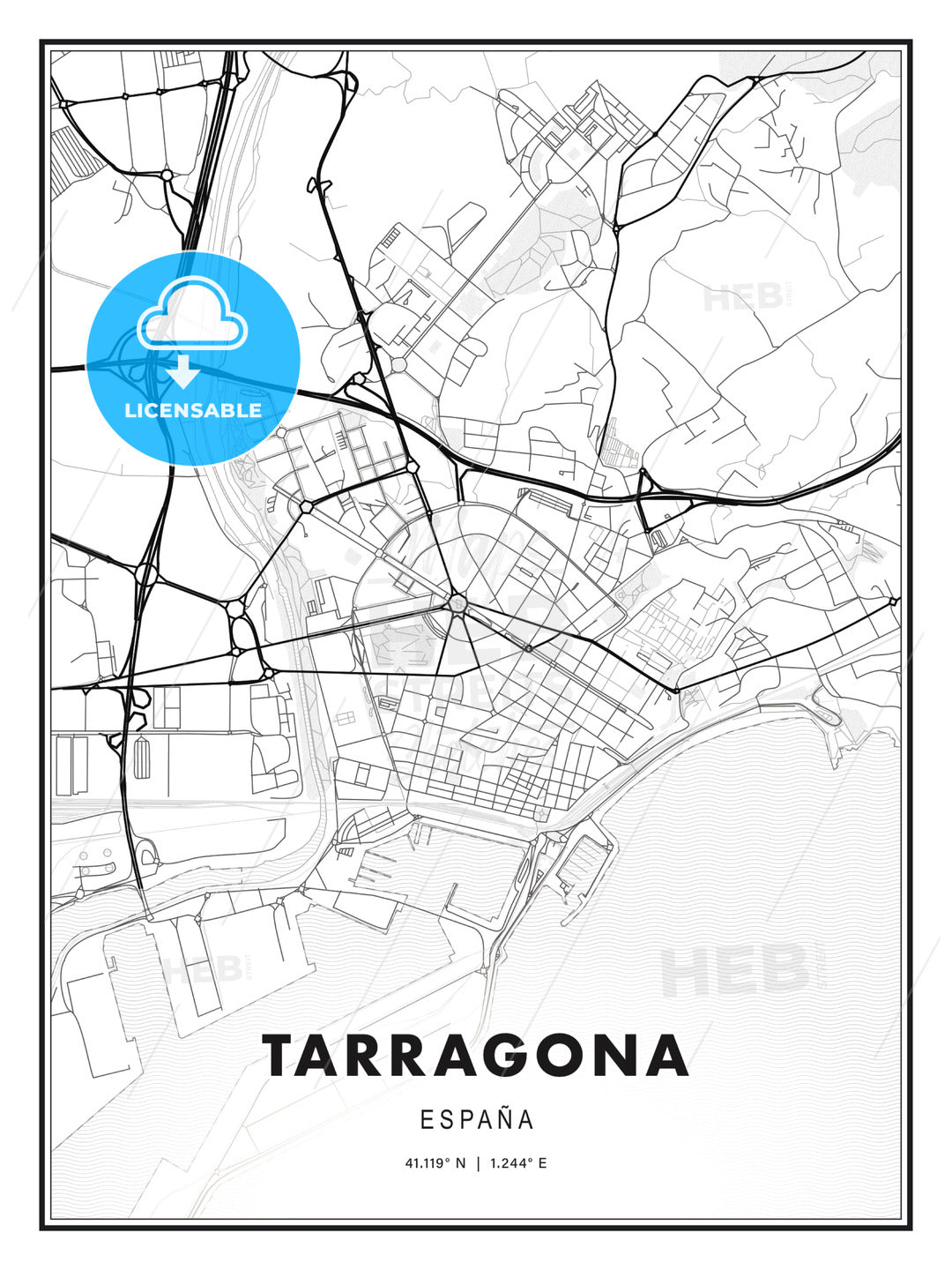 Tarragona, Spain, Modern Map Print Template in Various Formats - HEBSTREITS
