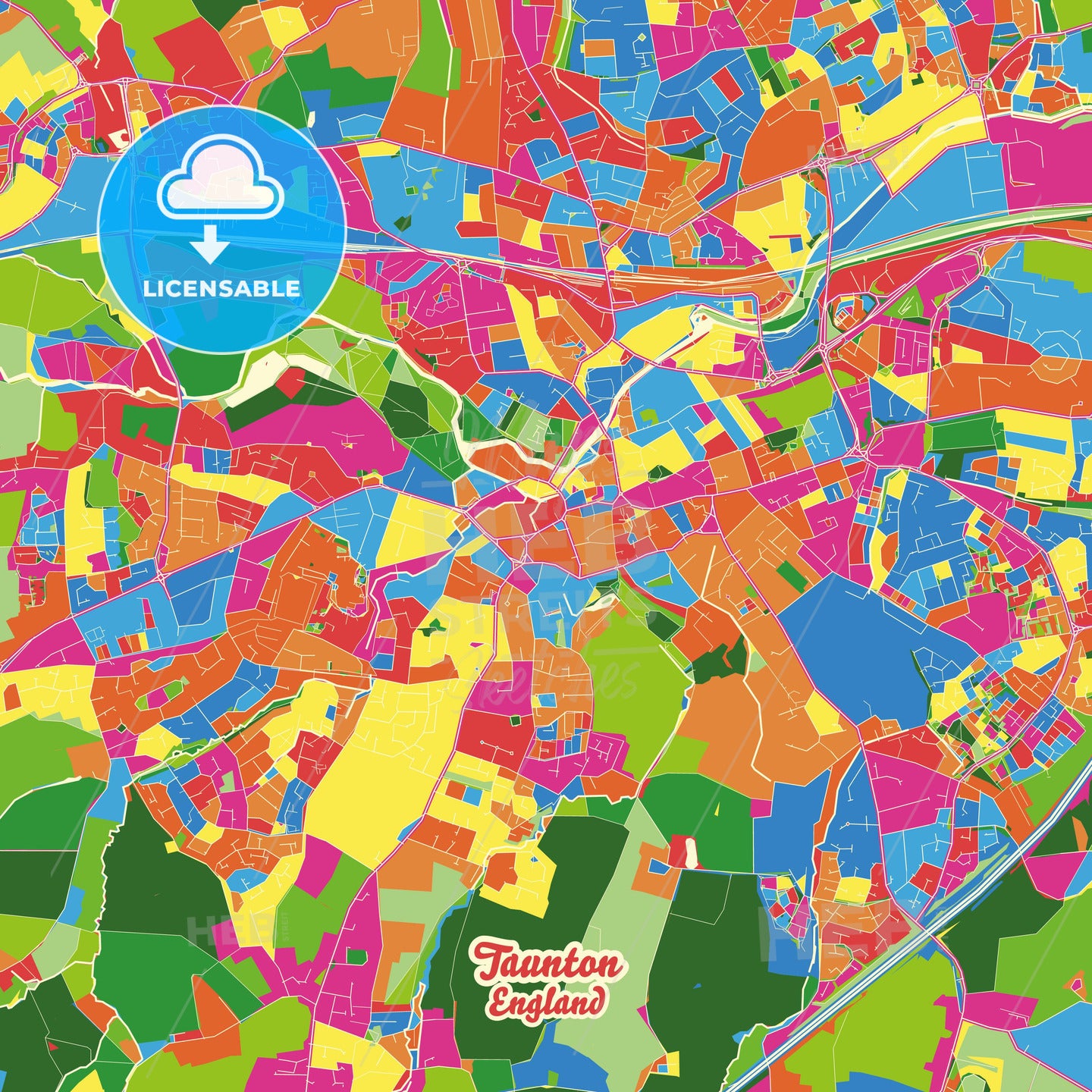 Taunton, England Crazy Colorful Street Map Poster Template - HEBSTREITS Sketches