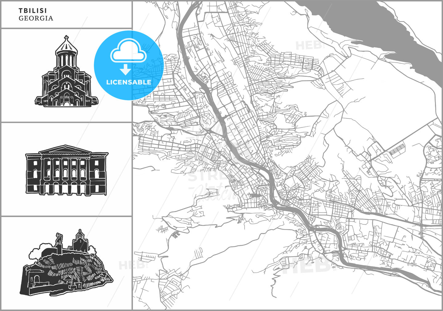 Tbilisi city map with hand-drawn architecture icons