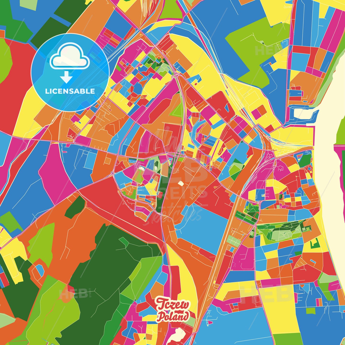 Tczew, Poland Crazy Colorful Street Map Poster Template - HEBSTREITS Sketches