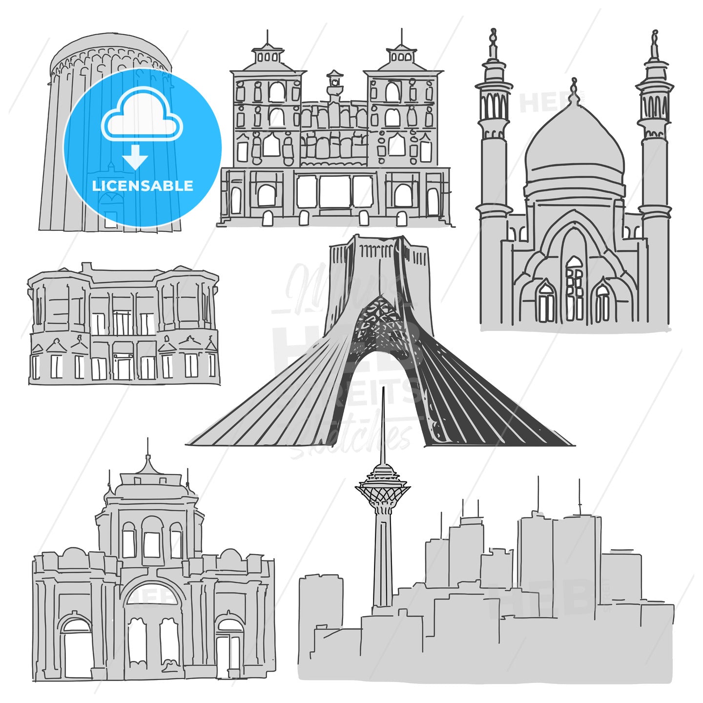 Tehran Famous Buildings, Outline Sketch – instant download
