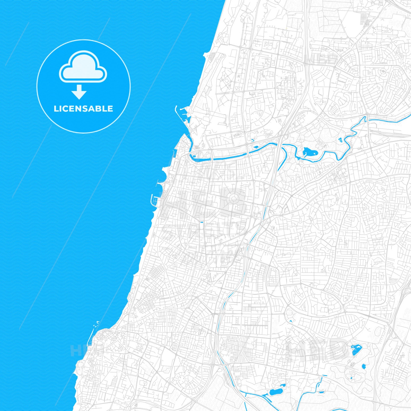 Tel Aviv-Yafo, Israel PDF vector map with water in focus
