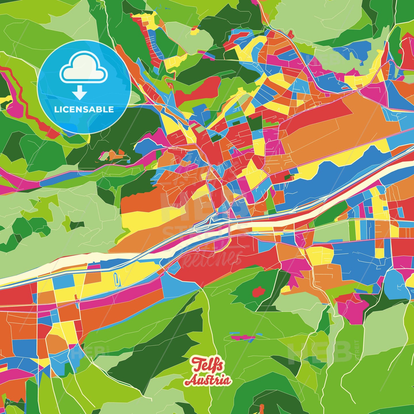 Telfs, Austria Crazy Colorful Street Map Poster Template - HEBSTREITS Sketches
