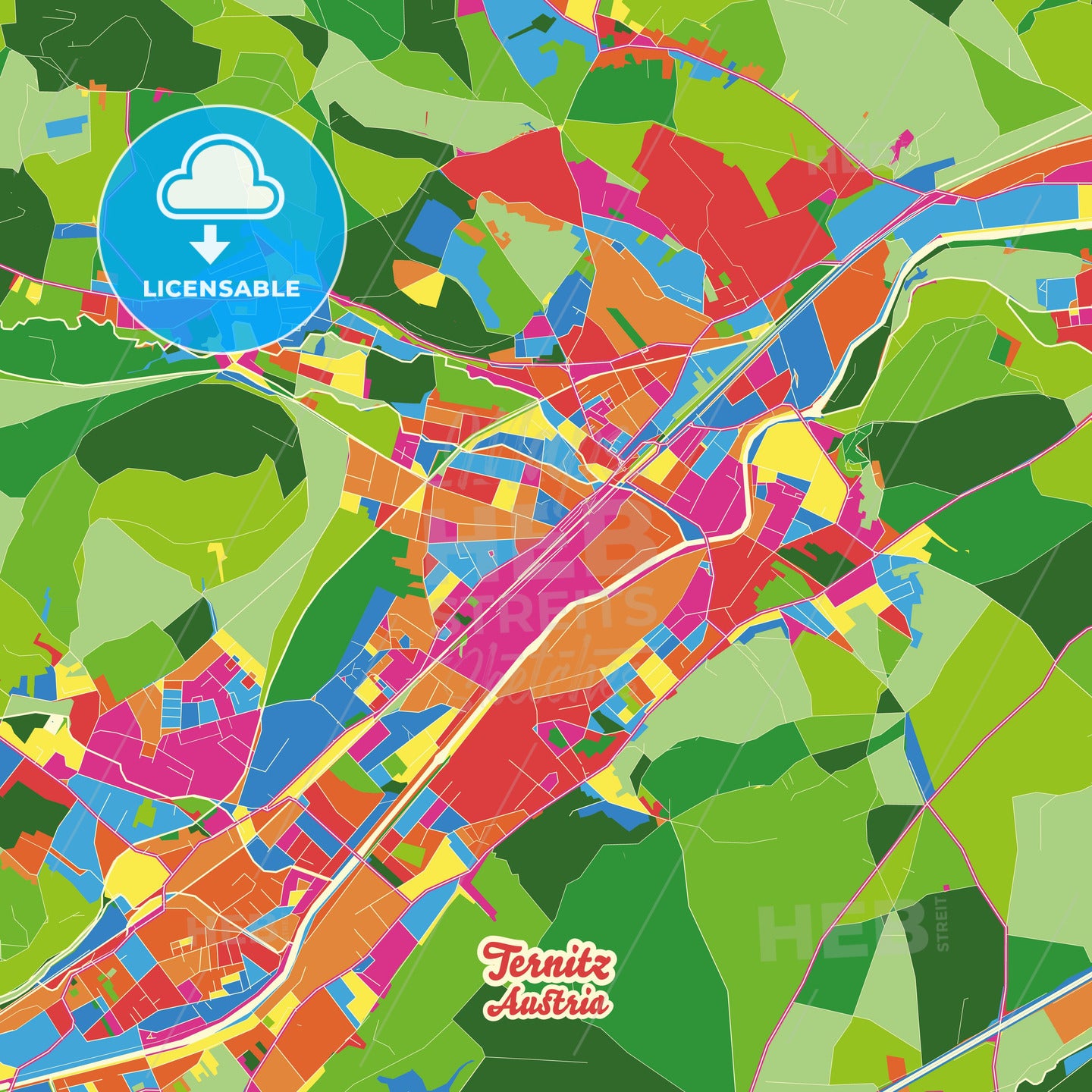 Ternitz, Austria Crazy Colorful Street Map Poster Template - HEBSTREITS Sketches