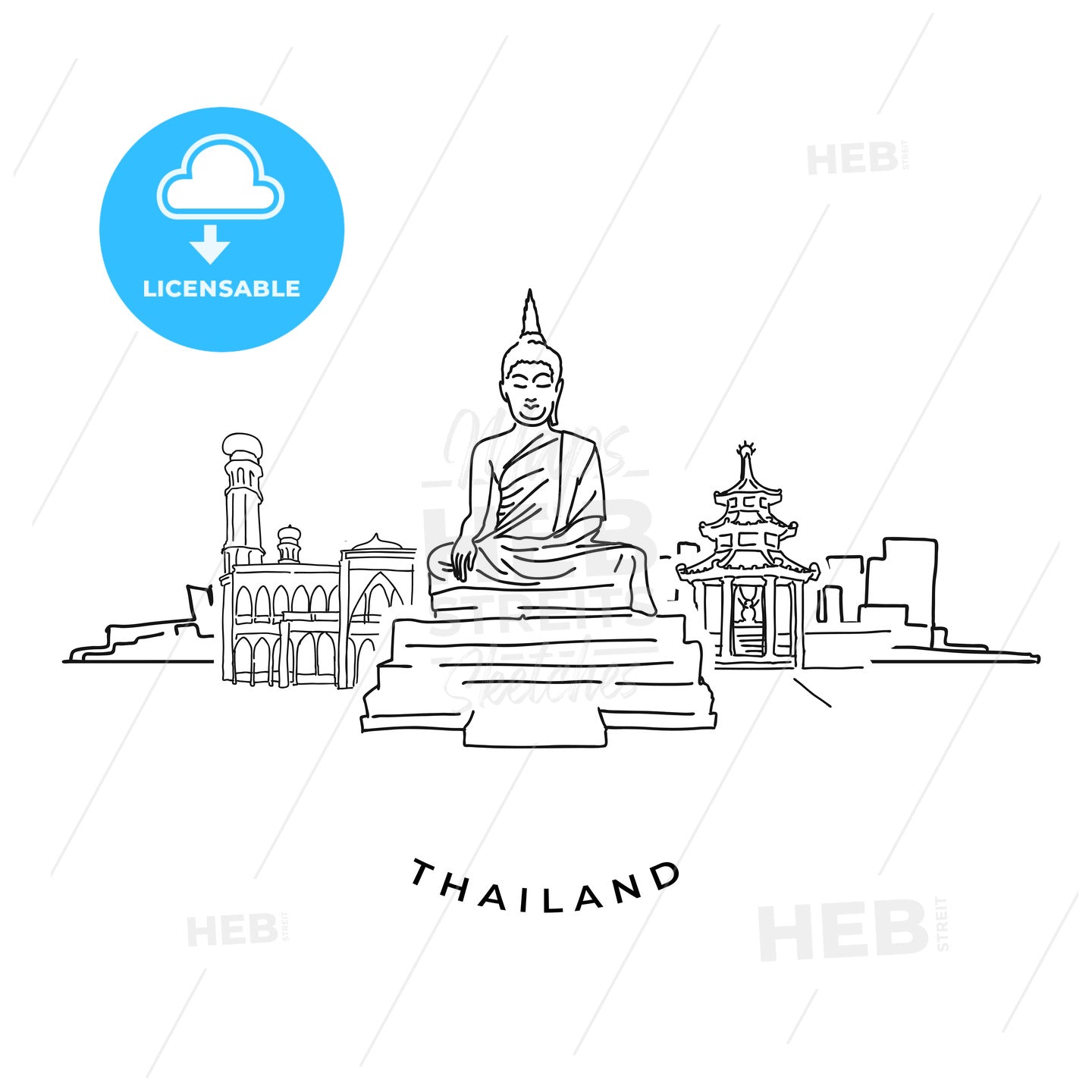 Thailand buddha and landmarks drawing – instant download