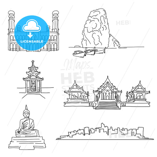 Thailand famous outline landmarks – instant download