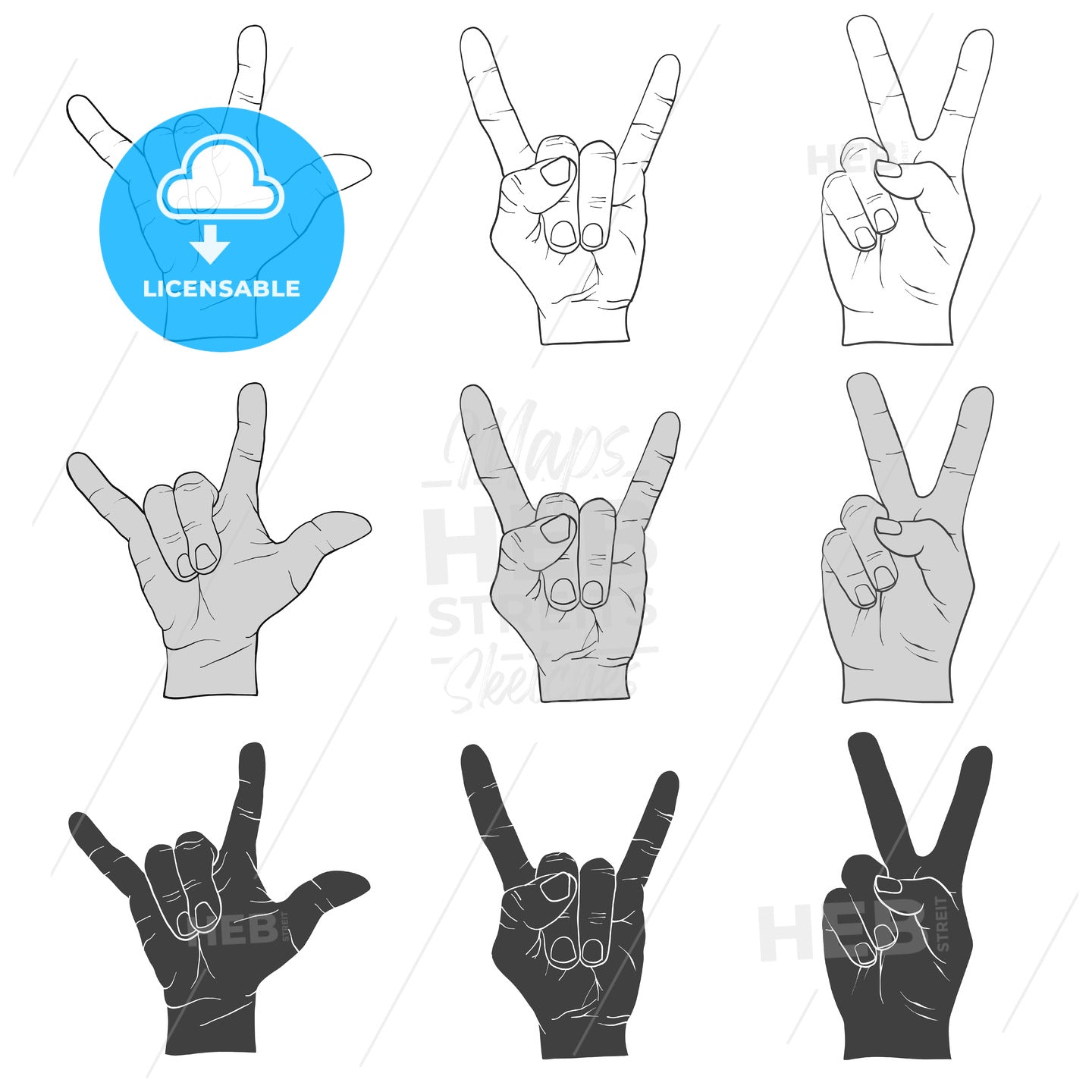 Three Hand Signs Gestures Outline and Filled – instant download