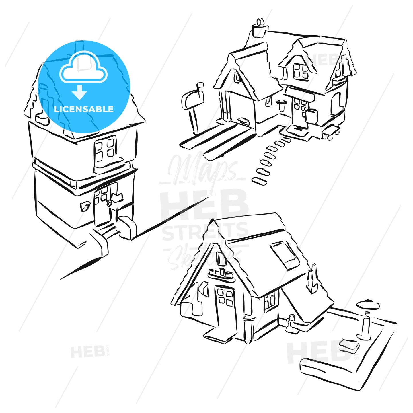 Three Houses Sketch Miniature Doodles – instant download