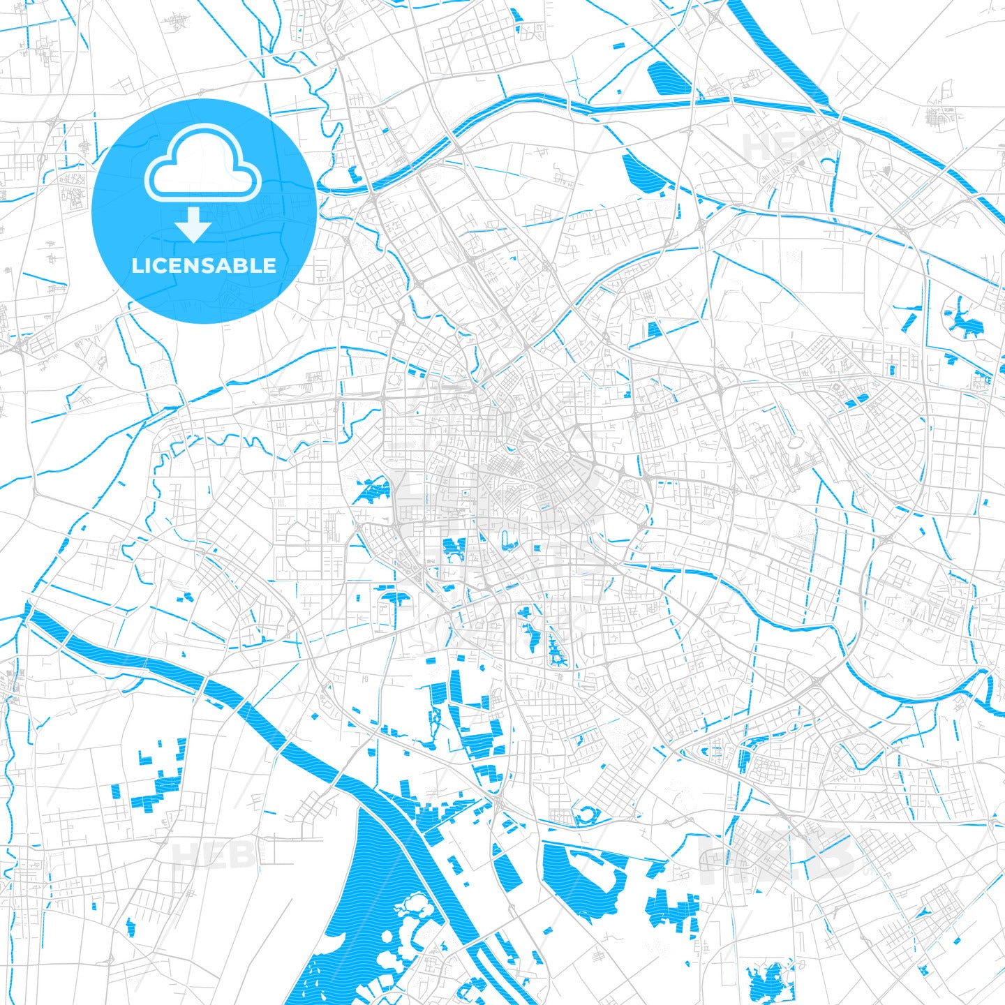 Tianjin, China PDF vector map with water in focus