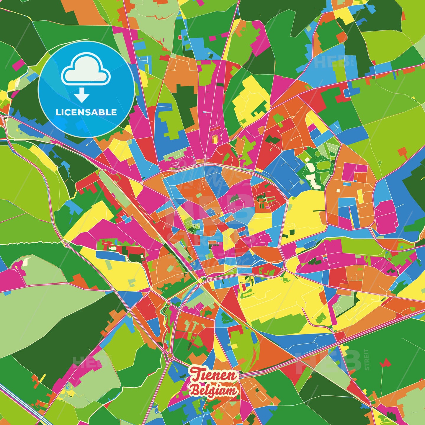 Tienen, Belgium Crazy Colorful Street Map Poster Template - HEBSTREITS Sketches