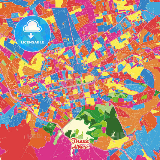 Tirana, Albania Crazy Colorful Street Map Poster Template - HEBSTREITS Sketches