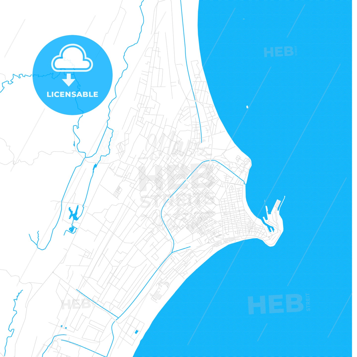 Toamasina, Madagascar PDF vector map with water in focus