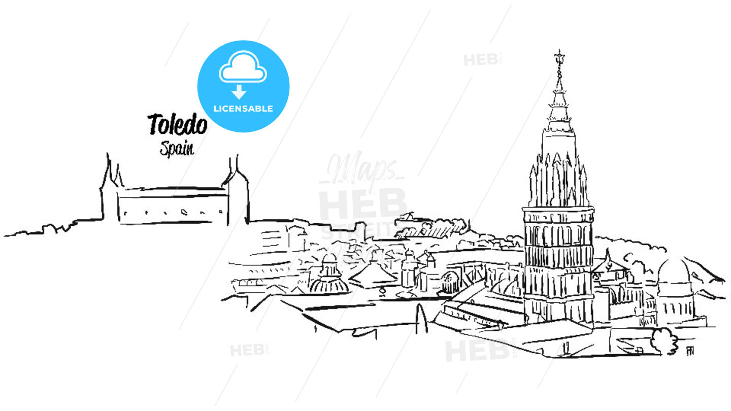 Toledo Ancient Skyline Panorama Sketch – instant download