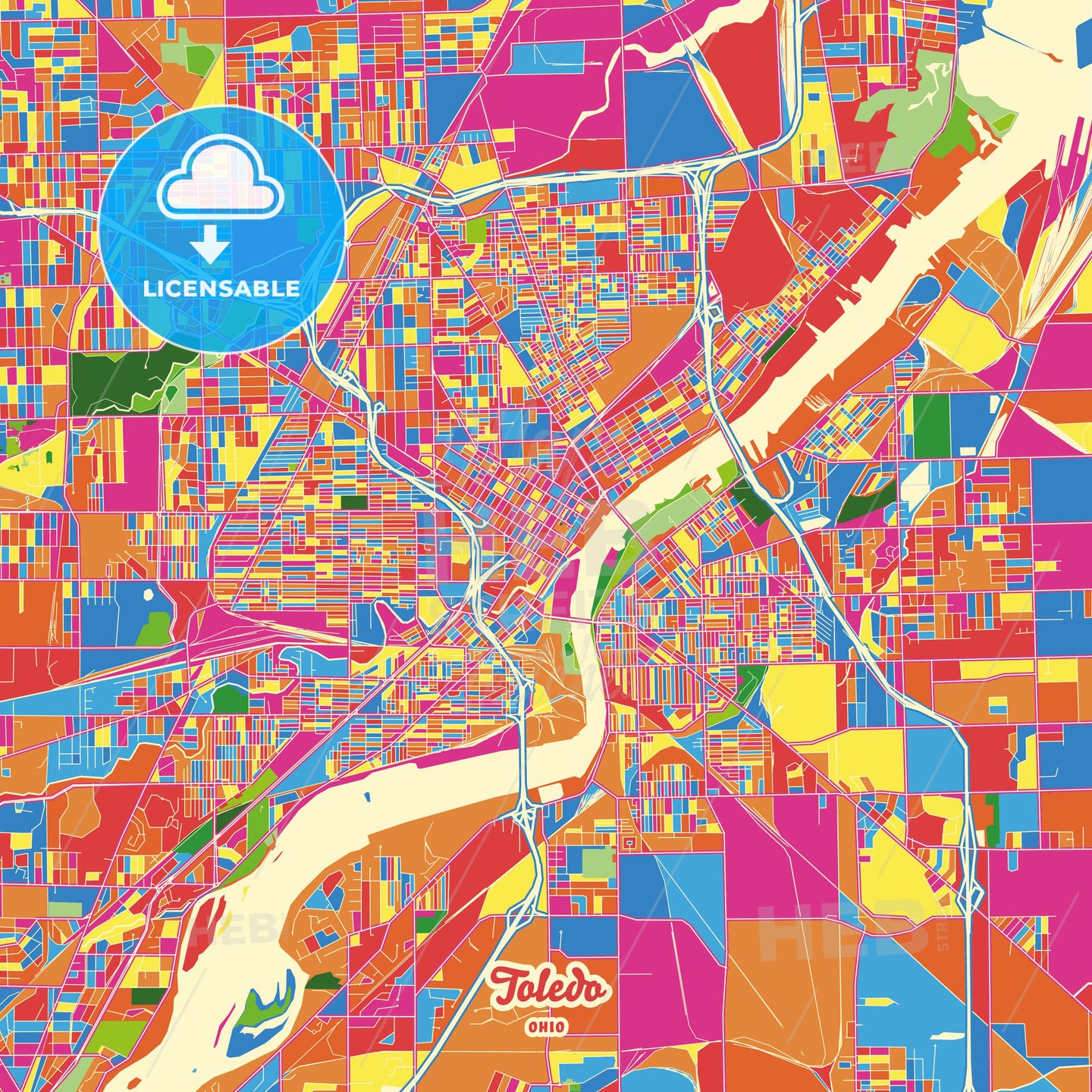 Toledo, United States Crazy Colorful Street Map Poster Template - HEBSTREITS Sketches