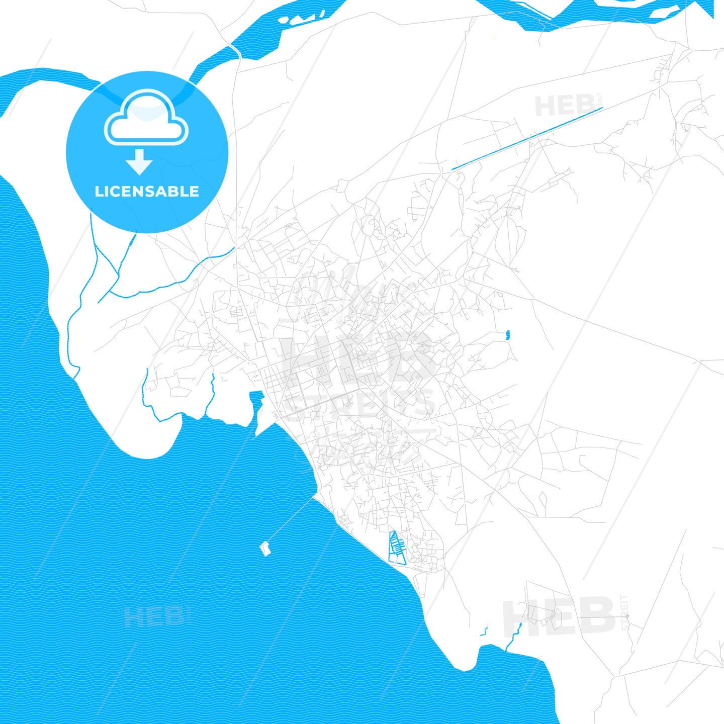 Toliara, Madagascar PDF vector map with water in focus - HEBSTREITS