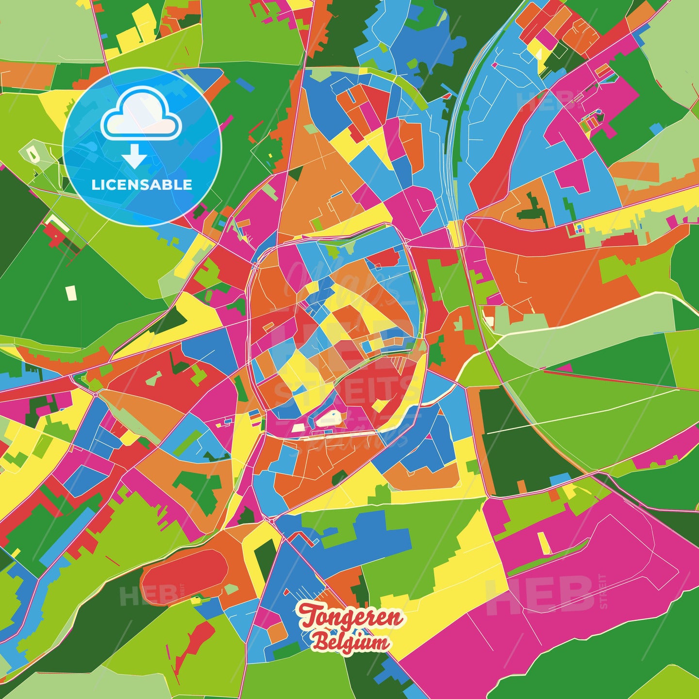 Tongeren, Belgium Crazy Colorful Street Map Poster Template - HEBSTREITS Sketches