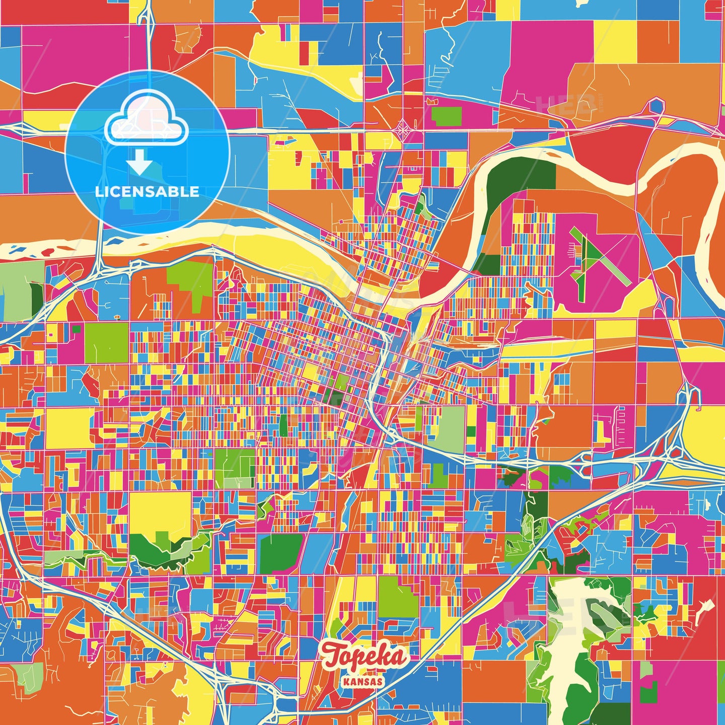 Topeka, United States Crazy Colorful Street Map Poster Template - HEBSTREITS Sketches