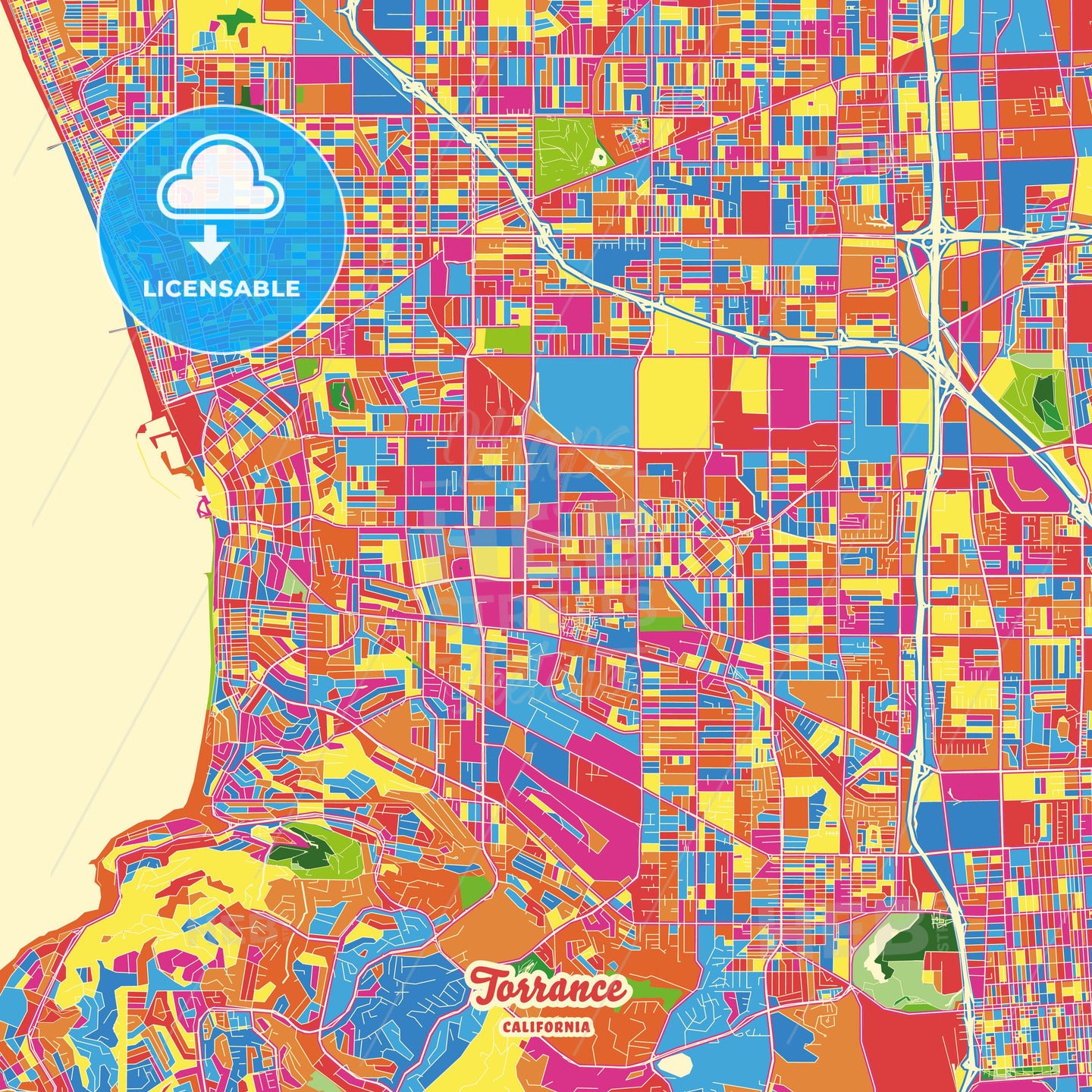 Torrance, United States Crazy Colorful Street Map Poster Template - HEBSTREITS Sketches