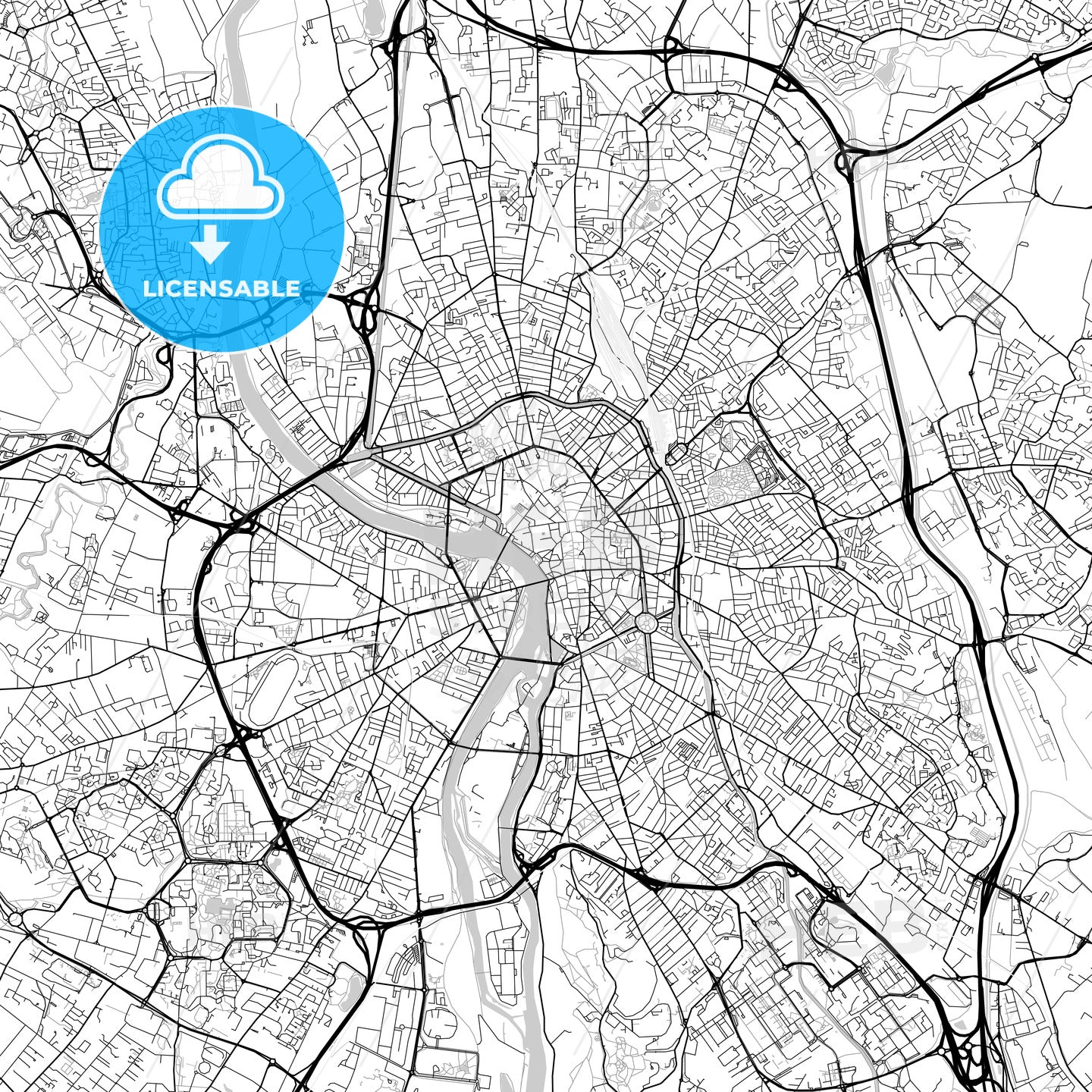 Toulouse, Haute-Garonne, downtown map, light