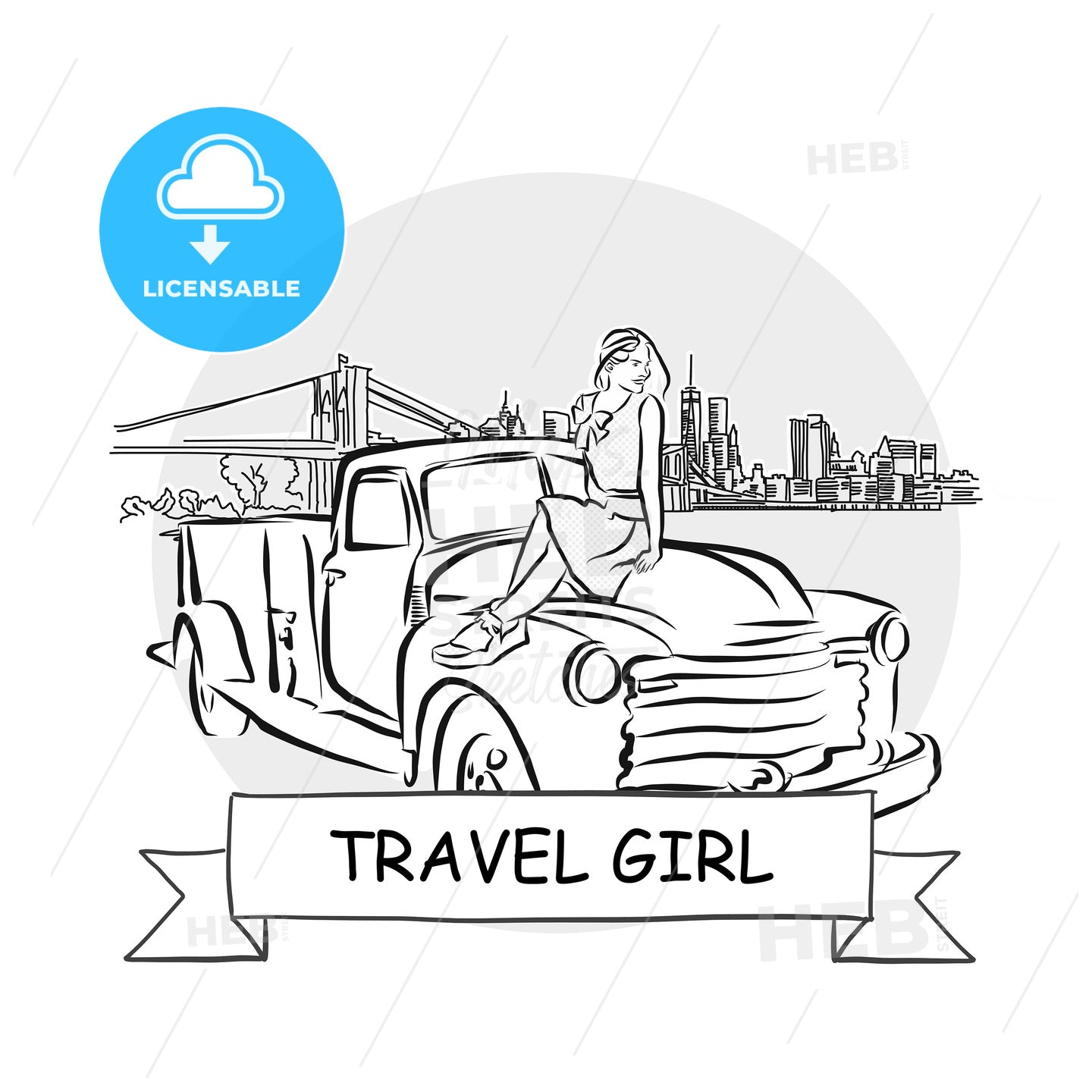 Travel Girl Cityscape Vector Sign – instant download