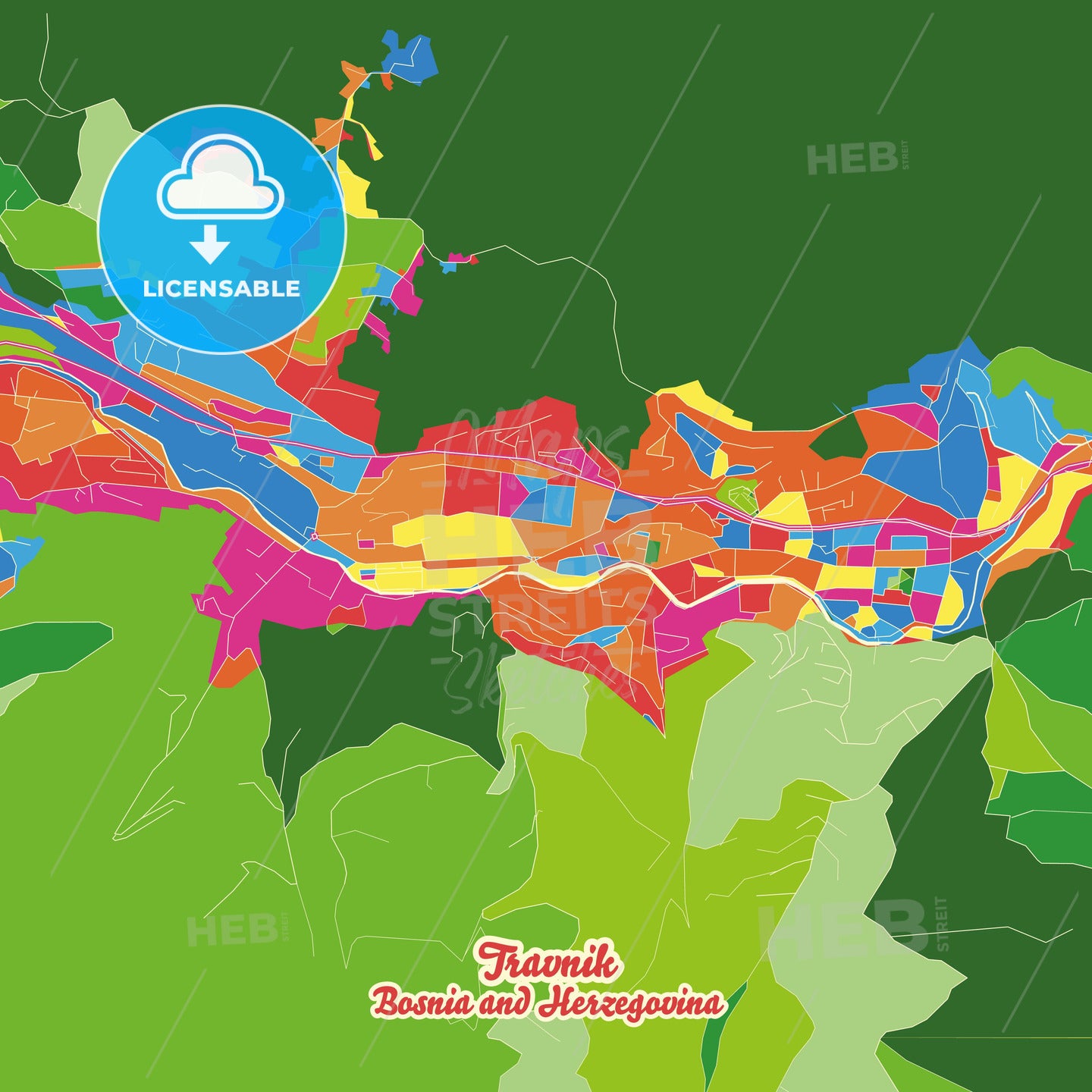 Travnik, Bosnia and Herzegovina Crazy Colorful Street Map Poster Template - HEBSTREITS Sketches