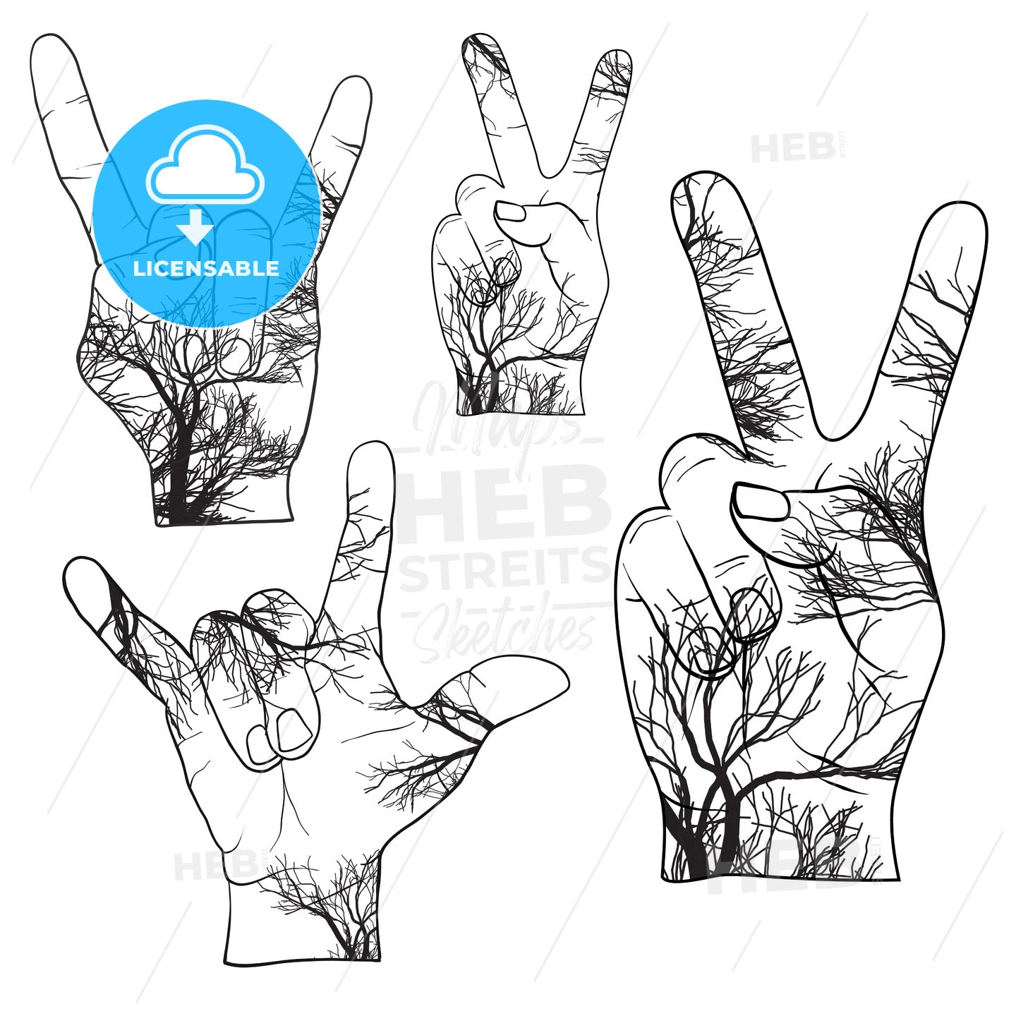 Trees in Hands, Peace, Devil Horn – instant download