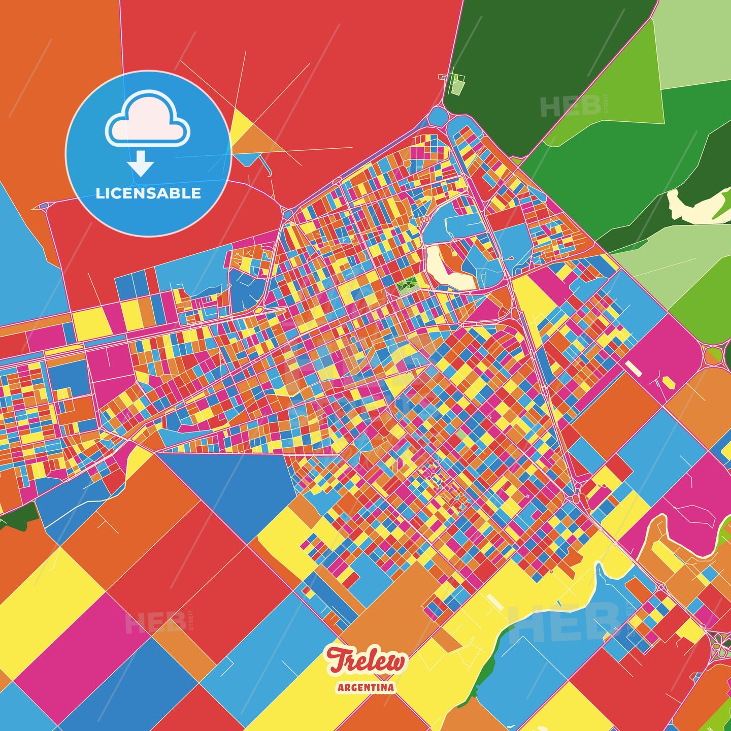 Trelew, Argentina Crazy Colorful Street Map Poster Template - HEBSTREITS Sketches