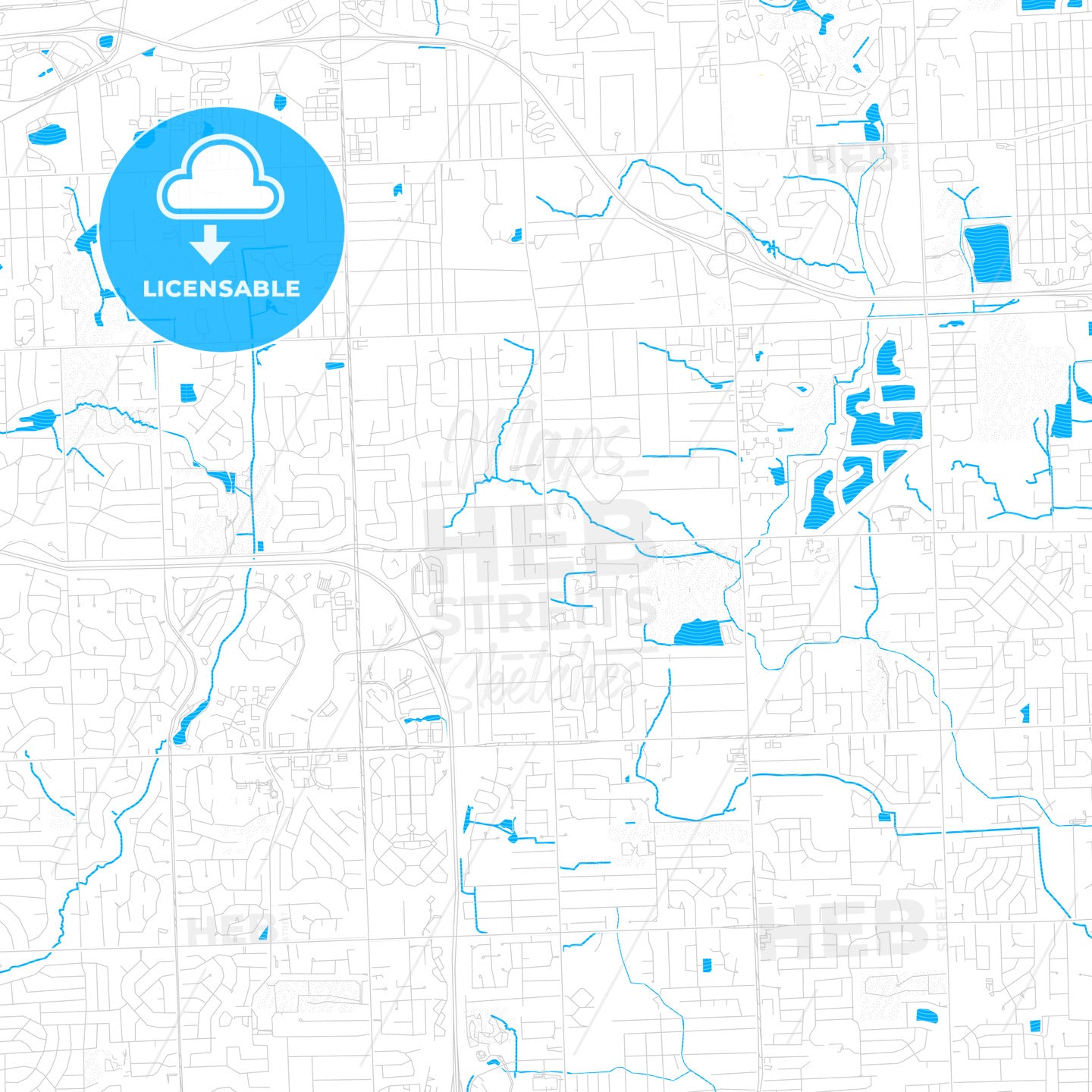 Troy, Michigan, United States, PDF vector map with water in focus