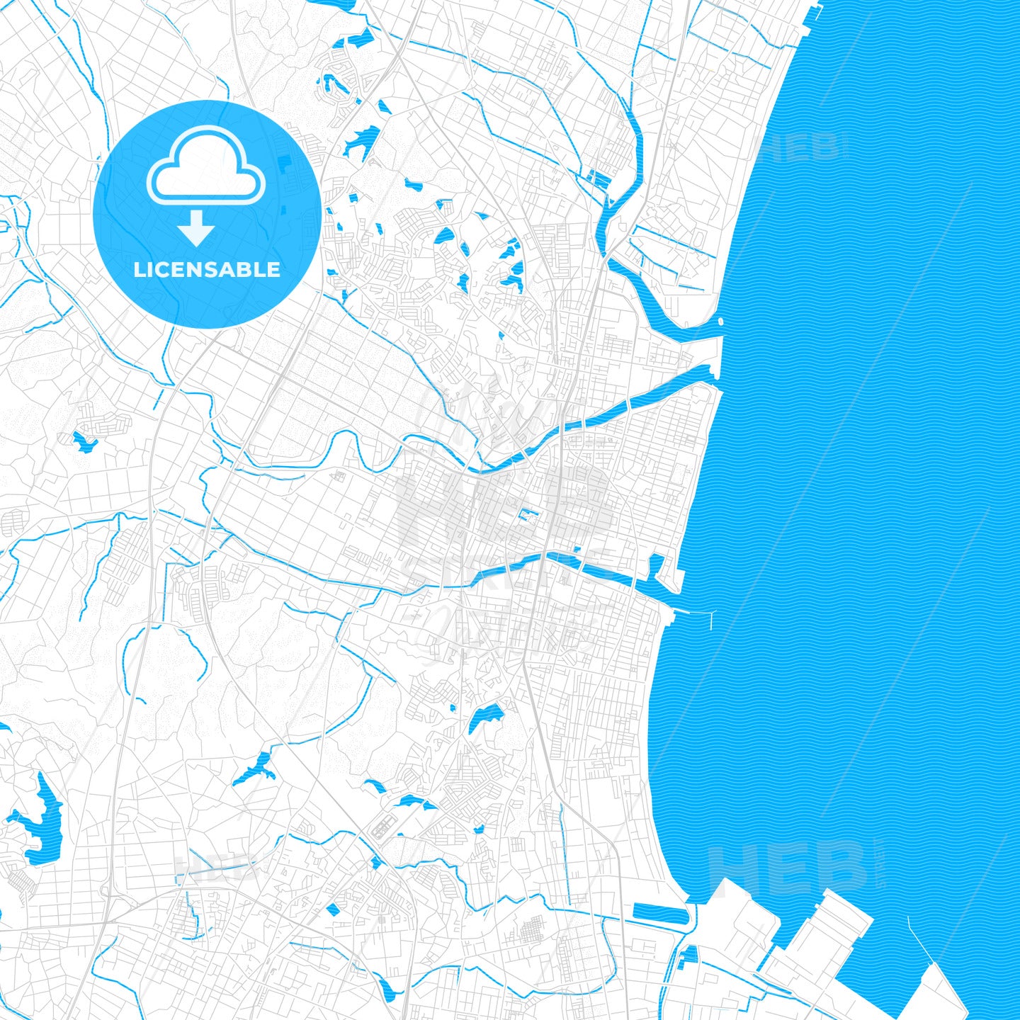 Tsu, Japan PDF vector map with water in focus