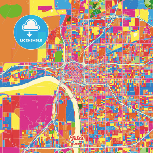 Tulsa, United States Crazy Colorful Street Map Poster Template - HEBSTREITS Sketches