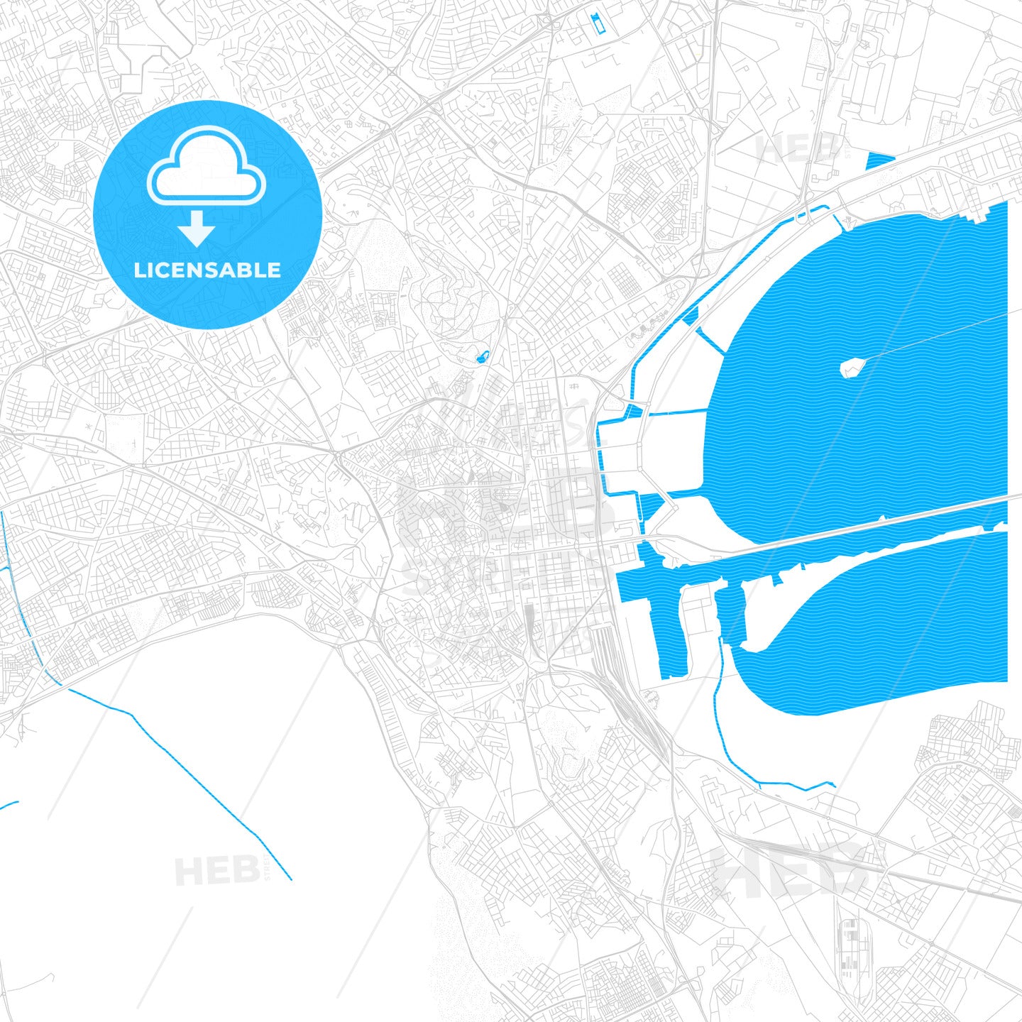 Tunis, Tunisia PDF vector map with water in focus