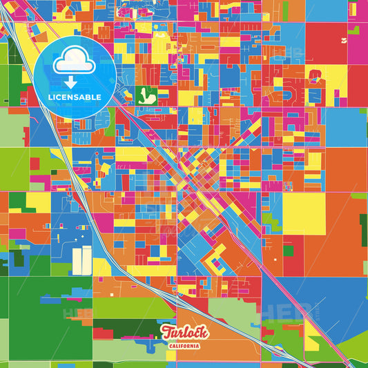 Turlock, United States Crazy Colorful Street Map Poster Template - HEBSTREITS Sketches