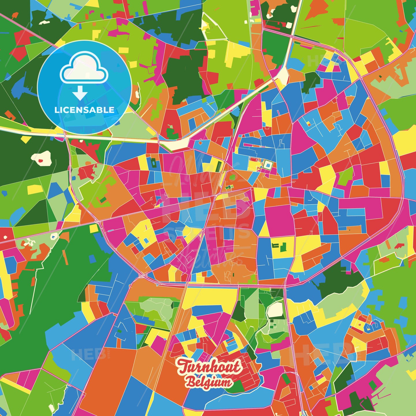 Turnhout, Belgium Crazy Colorful Street Map Poster Template - HEBSTREITS Sketches