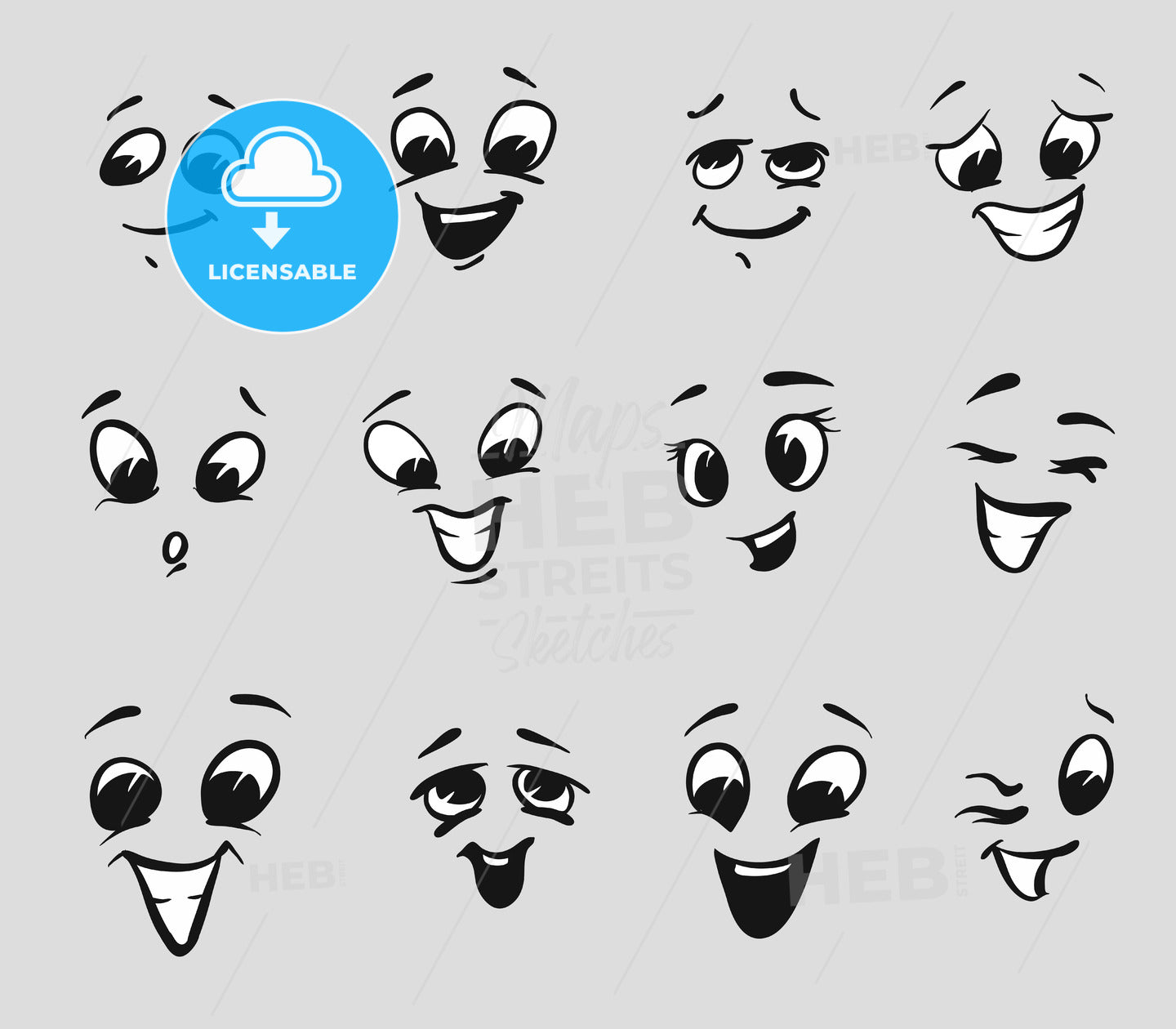 Twelf Happy Cartoon Expressions Faces – instant download